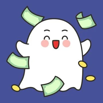 Cute Halloween Ghost Cartoon Vector Throwing Money and Coins on Blue Backgrou Stock Illustration