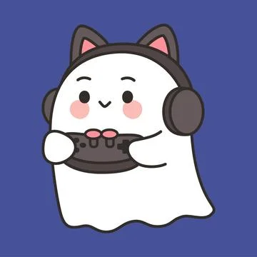 Cute Halloween Ghost Cartoon Vector Playing Video Game with Cat Ear Headpho.. Stock Illustration