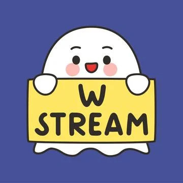 Cute Halloween Ghost Cartoon Vector Holding W Stream Sign on Blue Background Stock Illustration