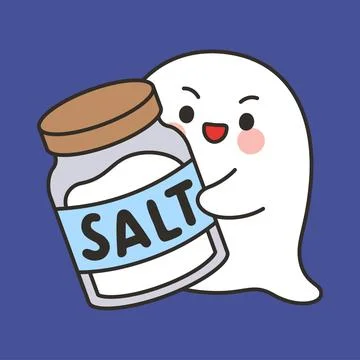 Cute Halloween Ghost Cartoon Vector Holding Salt Jar Meme on Blue Background Stock Illustration