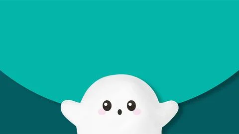 Cute Halloween Ghost Character on Teal Background with Copy Space Vector Il.. Stock Illustration