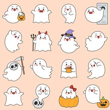 Cute Halloween Ghost Character Vector Set on Peach Background Illustrazione stock