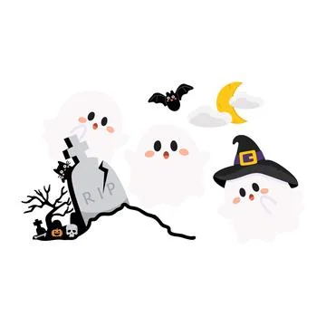 Cute Halloween ghost characters in spooky cemetery night scene Stock Illustration