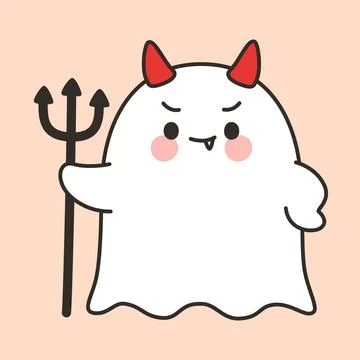 Cute Halloween Ghost with Devil Horns and Trident Cartoon Stock Illustration