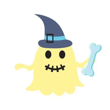 Cute Halloween ghost in a hat holding bone. Stock Illustration