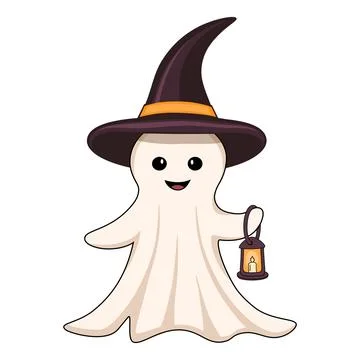 Cute Halloween ghost with lantern in witch hat vector illustration Stock Illustration