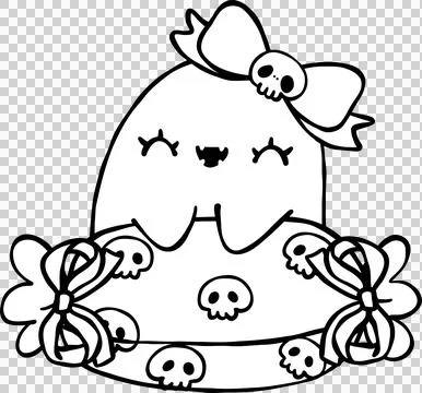 Cute Halloween Ghost Outline with Candy and Skull Bow Doodle Hand Drawing Stock Illustration
