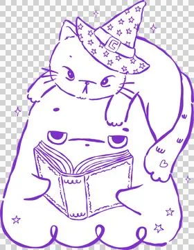 Cute Halloween Ghost Outline Reading Book with Witch Cat Hand Drawn Illustr.. Stock Illustration