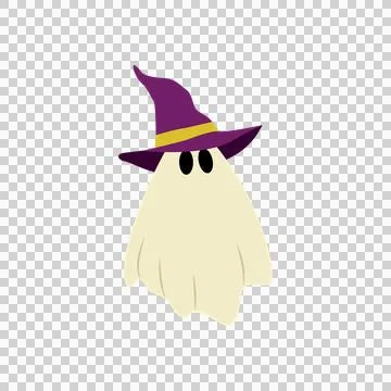Cute Halloween Ghost with Purple Witch Hat Flat Illustration Stock Illustration