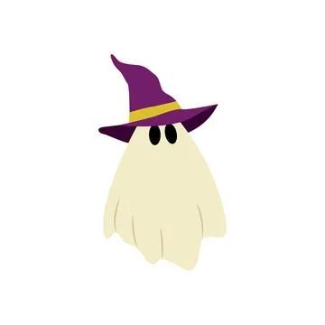 Cute Halloween Ghost with Purple Witch Hat Flat Vector Illustration Stock Illustration