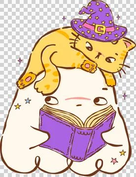 Cute Halloween Ghost Reading Book with Witch Cat Hand Drawn Illustration Stock Illustration