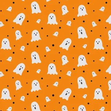 Cute Halloween Ghost Seamless Pattern on Orange Background Flat Vector Design Illustrazione stock