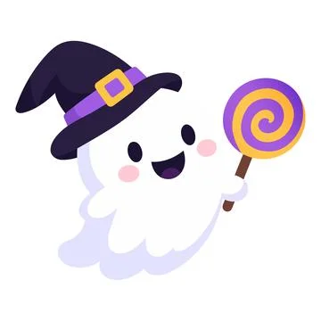 Cute Halloween Ghost Wearing Witch Hat and Holding Lollipop Illustrazione stock