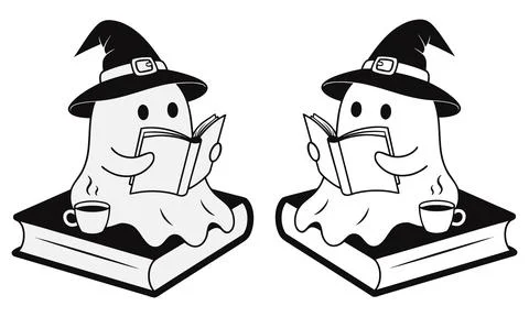 Cute Halloween ghost in witch hat reading book with coffee vector Stock Illustration