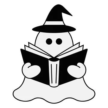 Cute Halloween ghost with witch hat reading book vector Stock Illustration