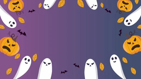 Cute halloween ghosts pumpkins bats decoration purple gradient background Stock Footage 317748321