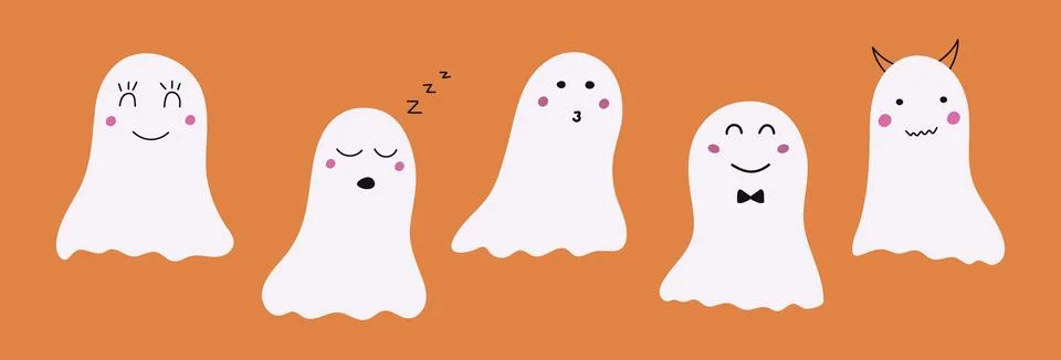 Cute Halloween Ghosts Set. Hand drawn spooky flying white spirits with face a Stock Illustration