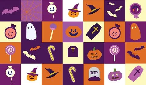 Cute Halloween Icon Set with Pumpkin Ghost Bat and Candy Vector Illustration Stock Illustration
