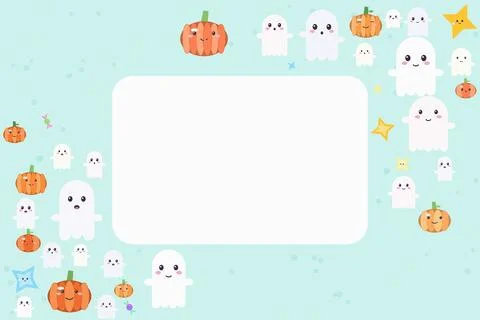 Cute halloween invitation card frame with friendly cartoon ghosts and littl.. Stock Illustration