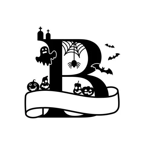 Cute Halloween letter B split monogram. Cartoon ghost, pumpkin, bat for kids  Ilustración de archivo