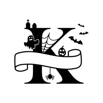 Cute Halloween letter K split monogram. Cartoon ghost, pumpkin, bat for kids  Stock Illustration