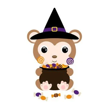 Cute Halloween monkey in witch hat holding a pot with candies. Cartoon animal Stock Illustration