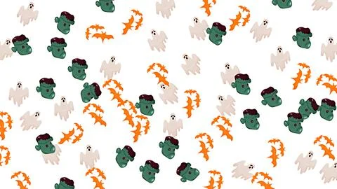 Cute Halloween pattern featuring spooky ghosts, orange bats and green monst.. Stock Illustration