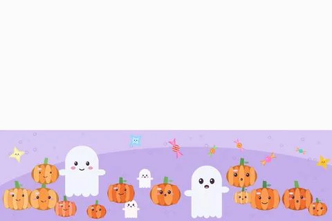 Cute halloween pattern with ghosts pumpkins candy stars on light purple bac.. Ilustração Stock