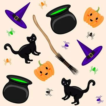 Cute Halloween pattern on light orange background. Stock Illustration