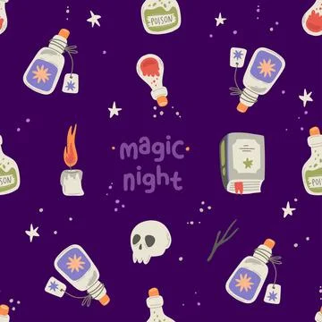 Cute Halloween pattern. Potion, spell book, skull Stock Illustration