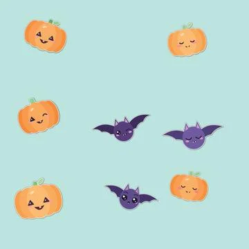 Cute halloween pattern with pumpkins and bats in pastel colors for festive .. 스톡 일러스트