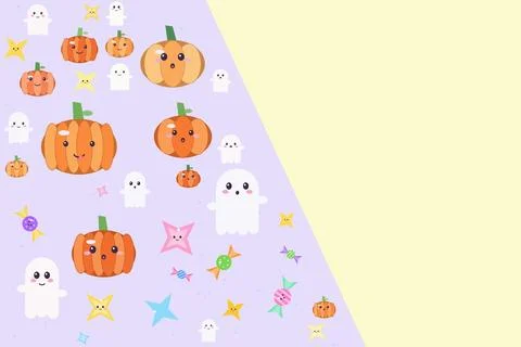Cute halloween pattern of pumpkins and ghosts on pastel purple and yellow b.. Ilustração Stock
