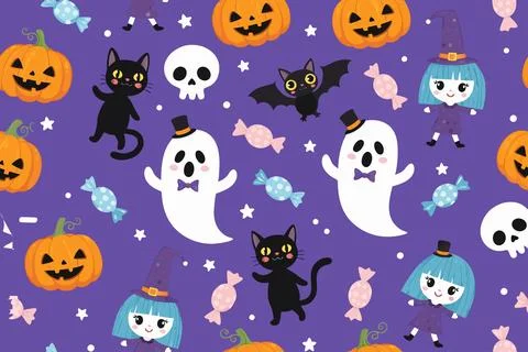 Cute halloween pattern with pumpkins, ghosts, cats, witches, bats, skulls Stock Illustration