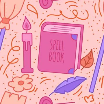 Cute Halloween pattern with spell book with quill, candle, and witch broom... Stock Illustration