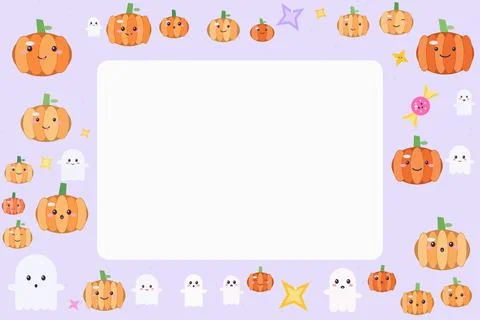 Cute halloween pumpkin and ghost frame border on a light purple background .. Stock Illustration