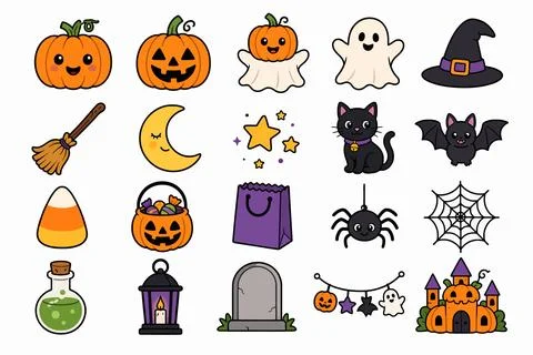 Cute Halloween Pumpkin Ghost and Spooky Icon Set Vector Stock Illustration