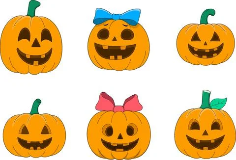 Cute Halloween Pumpkin Icon Set with Smiling Faces Stock Illustration