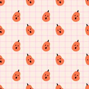 Cute Halloween Pumpkin Pattern on Pink Grid Background Stockillustratie