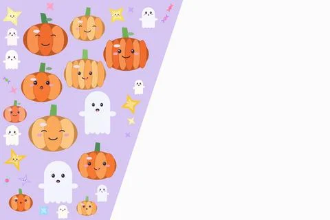 Cute halloween pumpkins and ghosts on light purple and white background wit.. Ilustração Stock