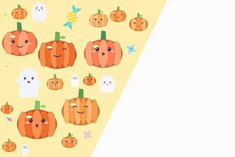 Cute Halloween pumpkins ghosts and candy on yellow background for seasonal .. Ilustração Stock
