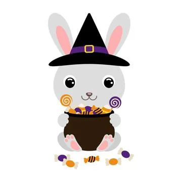 Cute Halloween rabbit in witch hat holding a pot with candies. Cartoon animal Stock Illustration