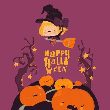 Cute Halloween Redheaded Witch flying on Broom above Pumpkins Stock Illustration