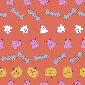 Cute Halloween repeat pattern design illustration on orange background Stock Illustration