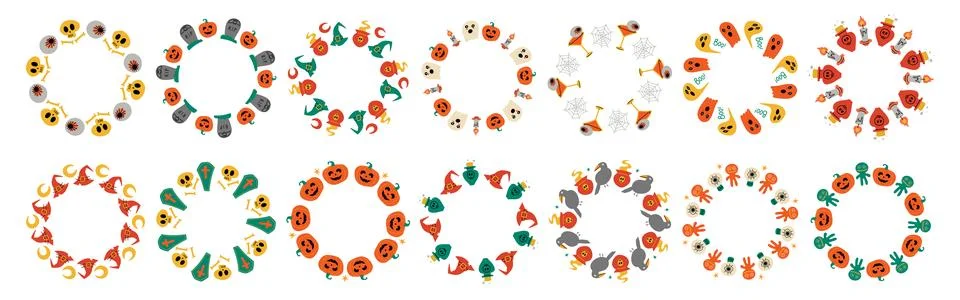 Cute Halloween round frames collection with pumpkins, ghosts, bats and witc.. Stock Illustration