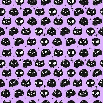 Cute Halloween Seamless Pattern Black Cat and Skull Doodle Drawing on purpl.. Stock Illustration