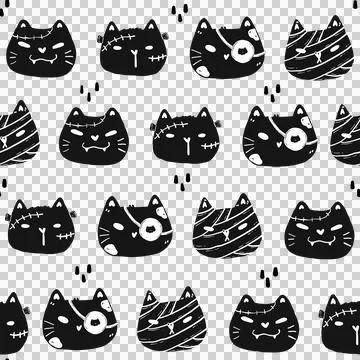 Cute Halloween Seamless Pattern Black Cat and Skull Doodle Drawing on White.. Stock Illustration