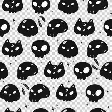 Cute Halloween Seamless Pattern Black Cat and Skull Doodle Drawing on White.. Stock Illustration