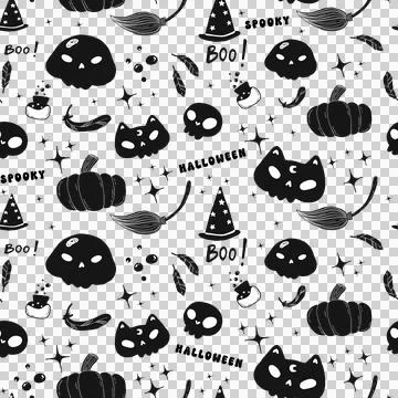 Cute Halloween Seamless Pattern Black Cat and Skull Doodle Drawing on White.. Stock Illustration