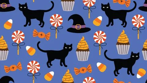 Cute Halloween seamless pattern with black cat, candies, cupcake, and witch.. Stock Illustration