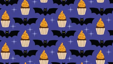 Cute Halloween seamless pattern with black bats, cupcakes, and stars on dark  Stock Illustration